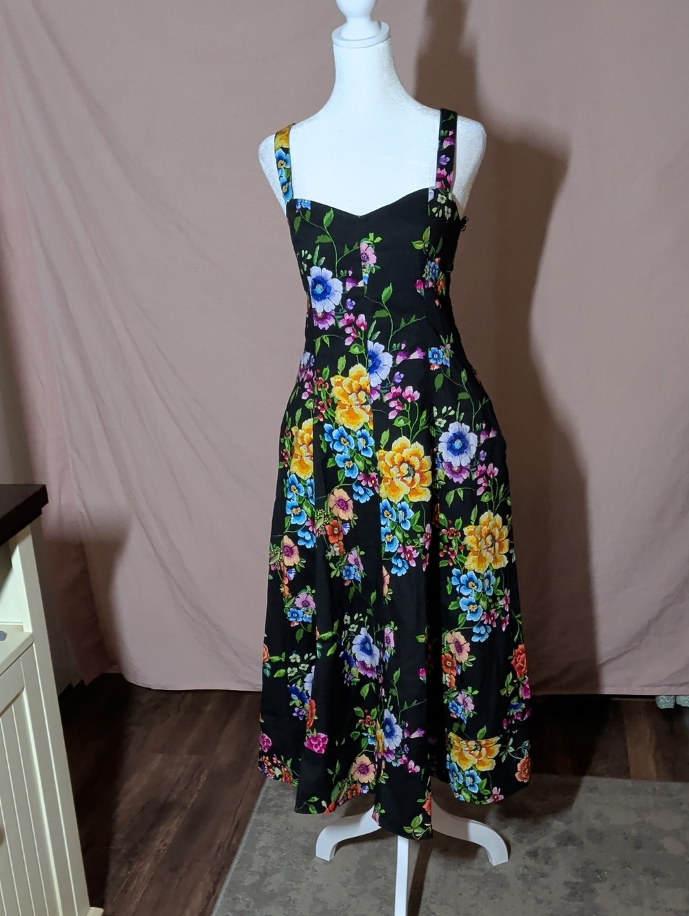 Avec Les Filles Black Floral Midi Dress with Colorful Zinnia Blooms